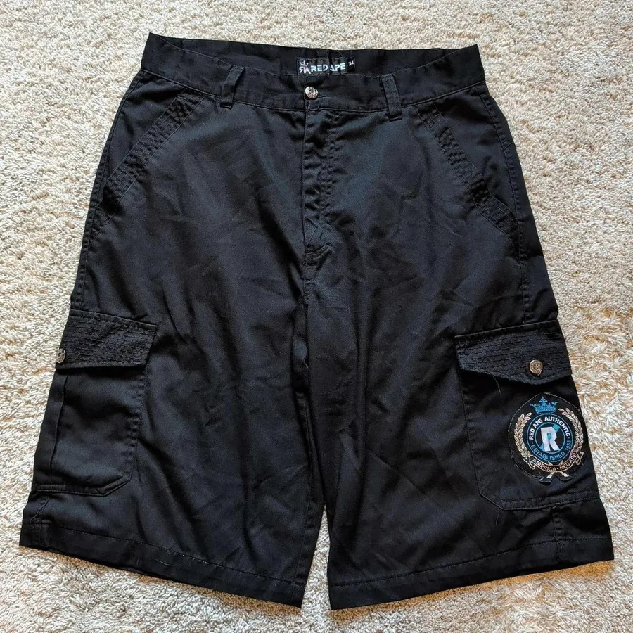 Red Ape Cargo Shorts Mens 34 Black Streetwear Patch Relaxed Fit Utility