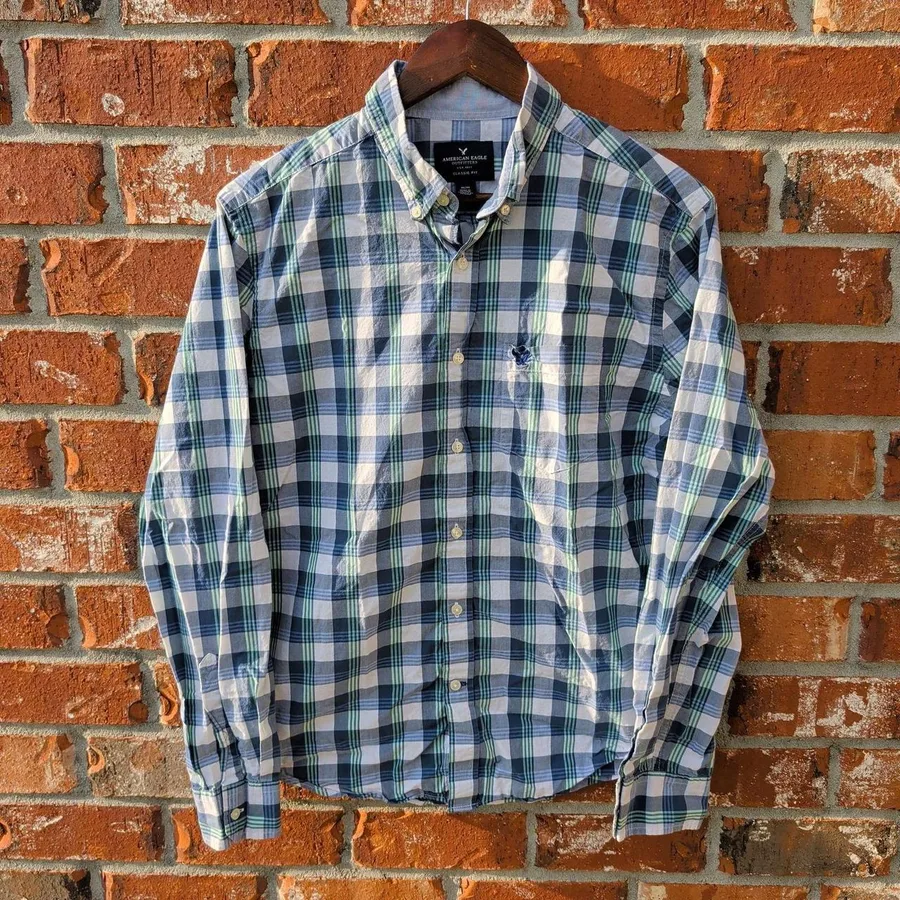 American Eagle Button Down Shirt Mens M Blue Green Plaid Classic Fit Cotton