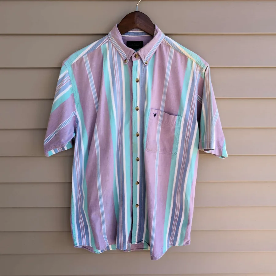 Flying Scotsman Collection Shirt Mens L Purple Teal Striped Cotton Short Sleeve