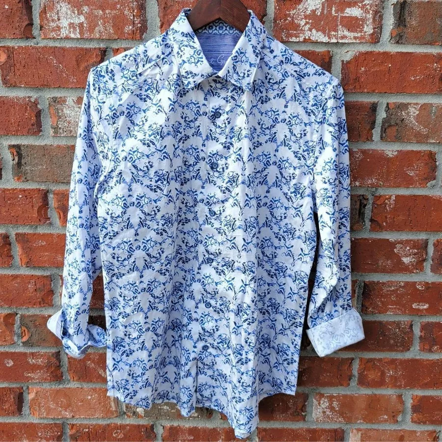 Robert Graham Button Down Shirt Mens Small Blue White Damask Classic Fit Cotton