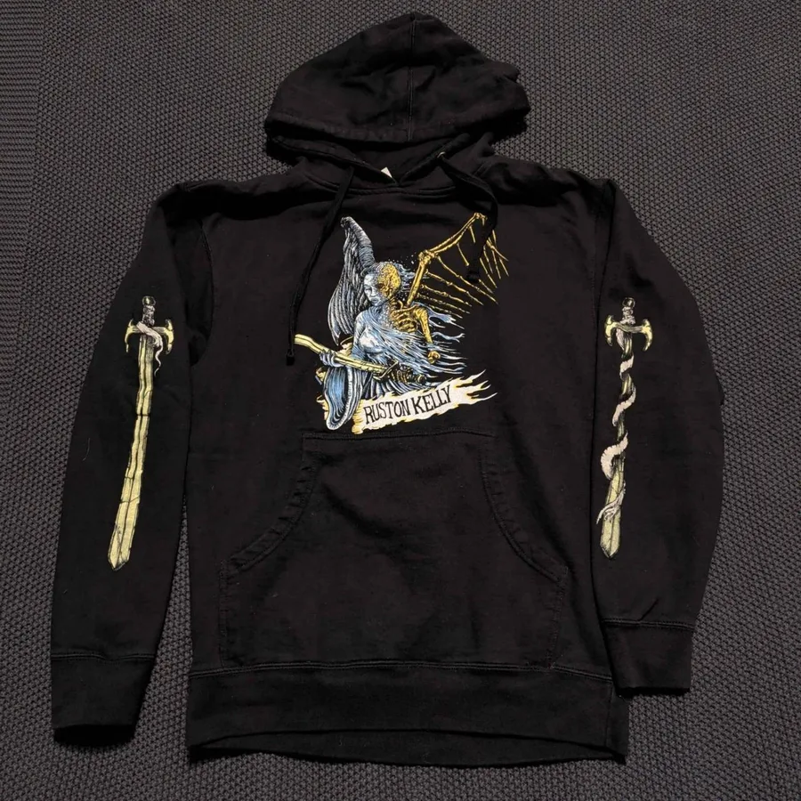 Ruston Kelly Graphic Hoodie Mens Medium Black Angel Skeleton Sword Tour Merch