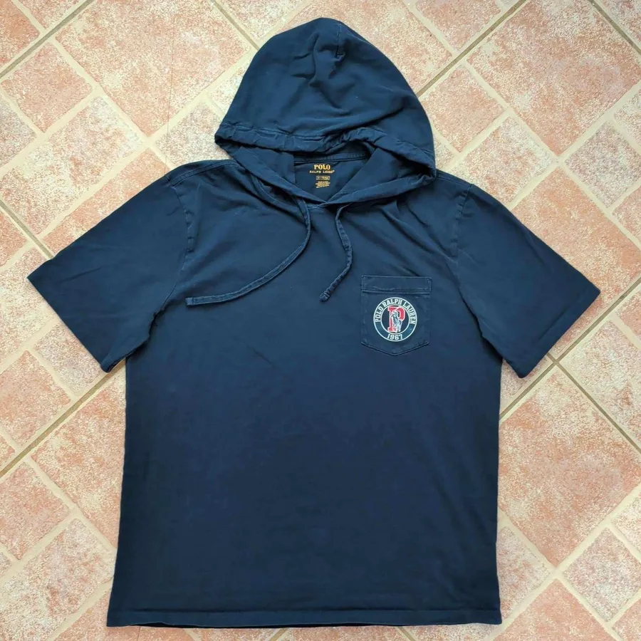 Polo Ralph Lauren Hooded T-Shirt Mens Medium Navy Blue Big Pony Crest Graphic