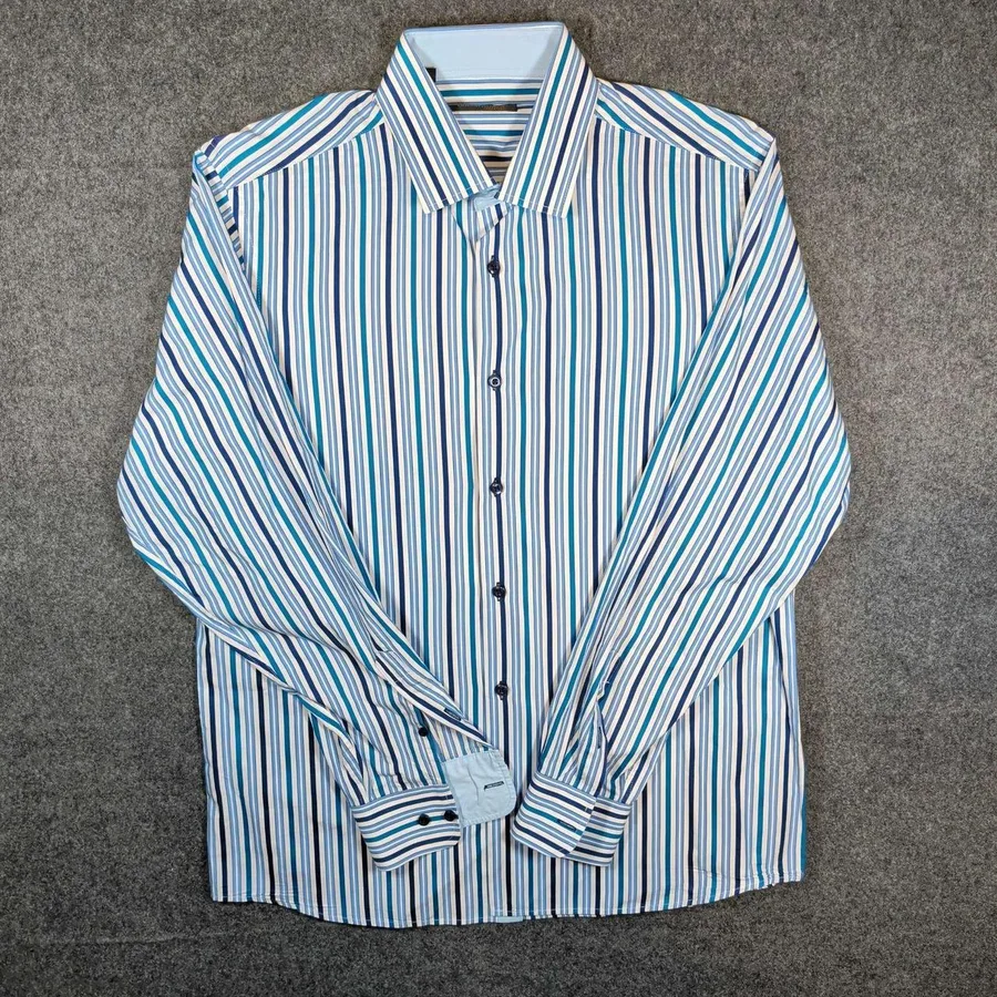 Dolce Guava Couture Button Down Mens Large Blue White Striped Cotton Long Sleeve