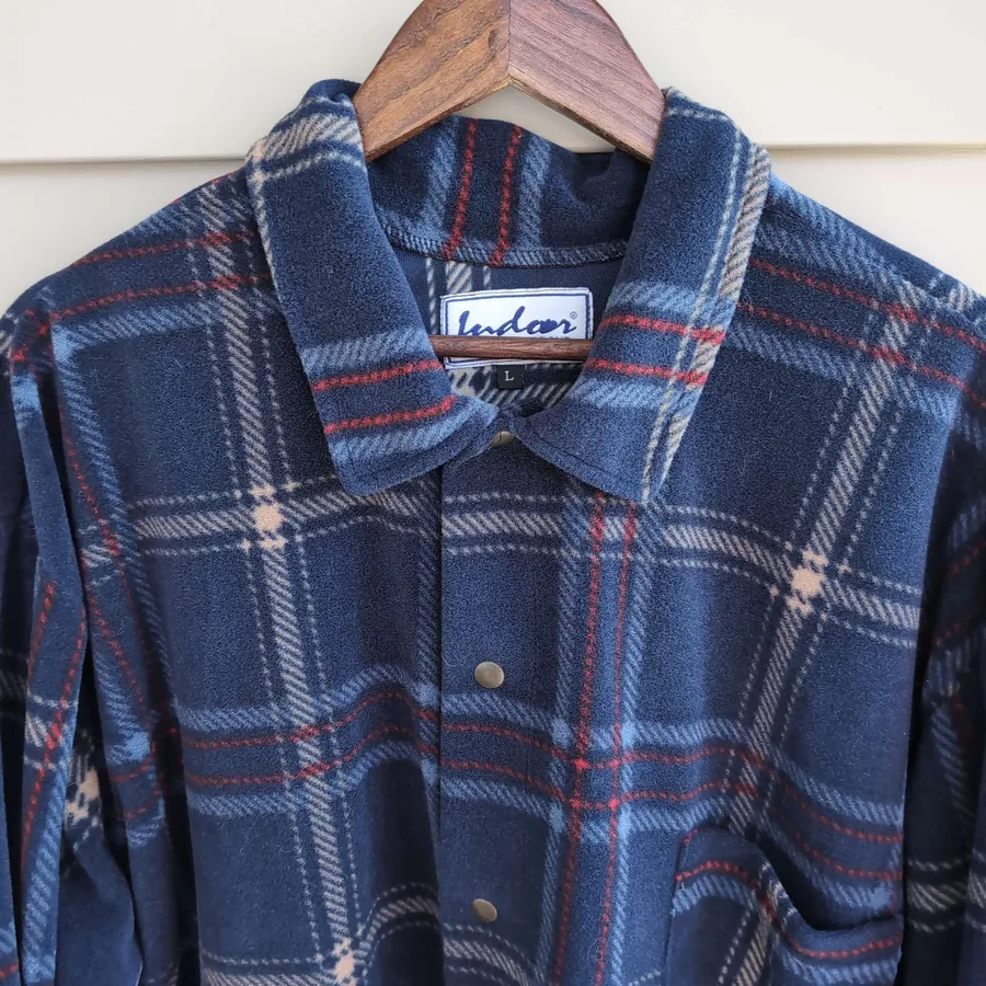VTG Indoor Group Fleece Flannel Shirt Jacket Mens L Navy Plaid Italy Made