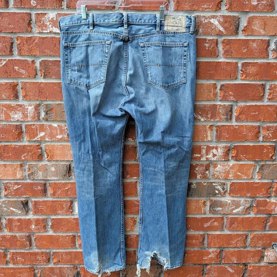 Polo Ralph Lauren Jeans Mens 40x31 Blue Distressed Straight Leg Denim