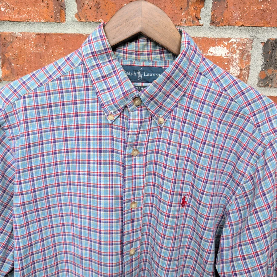 VTG 90s Ralph Lauren Classic Fit Plaid Shirt Mens L Blue Long Sleeve Button Down