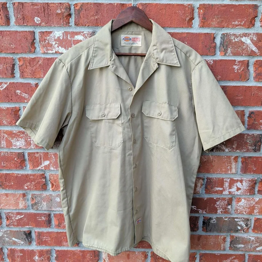 Dickies Work Shirt Mens XL Tan Short Sleeve Button Up Made in USA Vintage