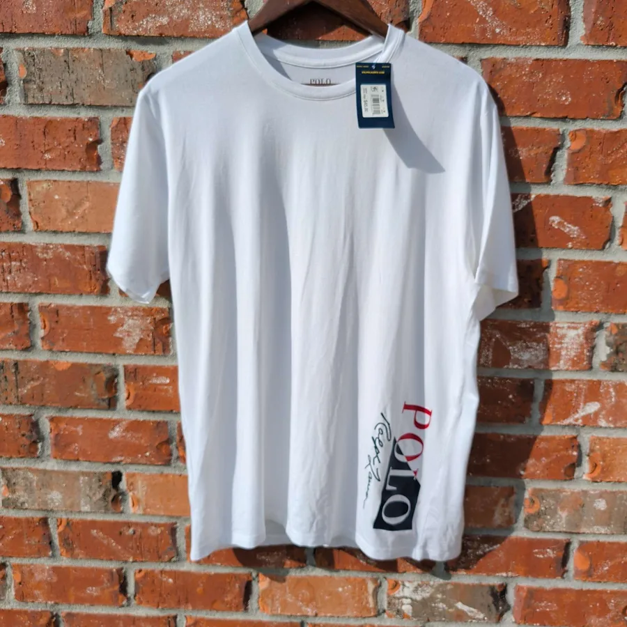 Polo Ralph Lauren T-Shirt Mens M White Vertical Logo Script Graphic Tee