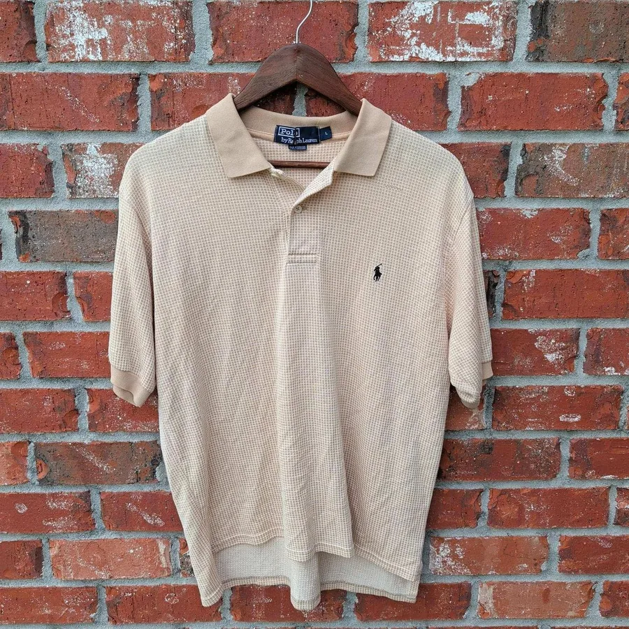Polo Ralph Lauren Polo Shirt Mens Large Tan Grid Pattern Short Sleeve Cotton