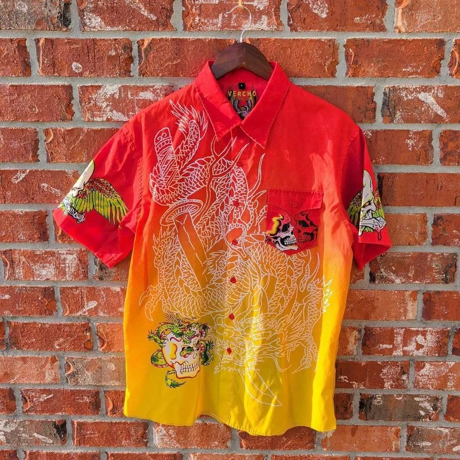 Vercho Dragon Skull Shirt Mens Large Red Yellow Ombre Tattoo Art Y2K Button Down
