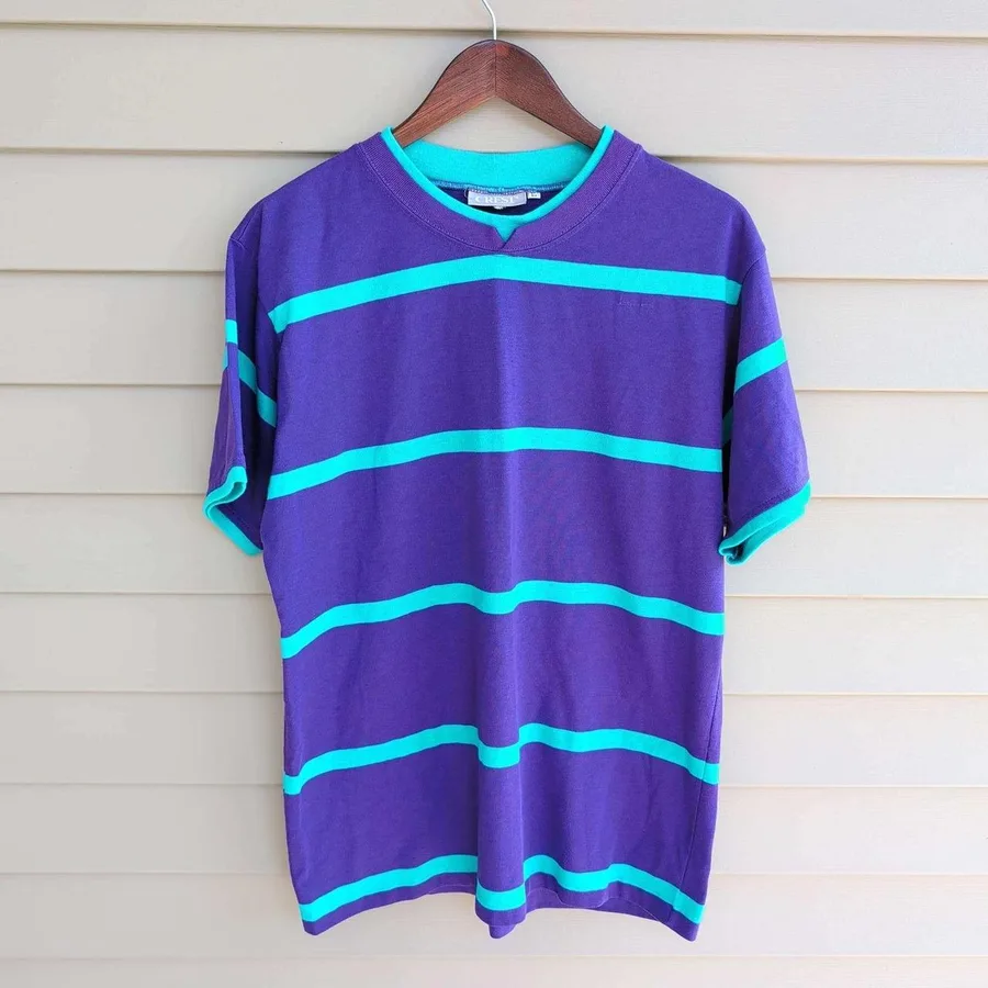 Crest Striped T-Shirt Mens Large Purple Teal VTG 90s Made in USA Single Stitch