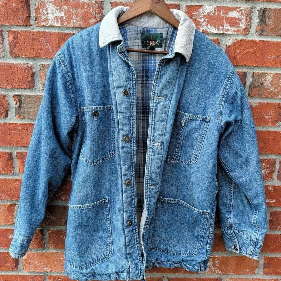 J.Crew Barn Jacket Mens XS Blue Denim Plaid Lined Corduroy Collar Chore Coat