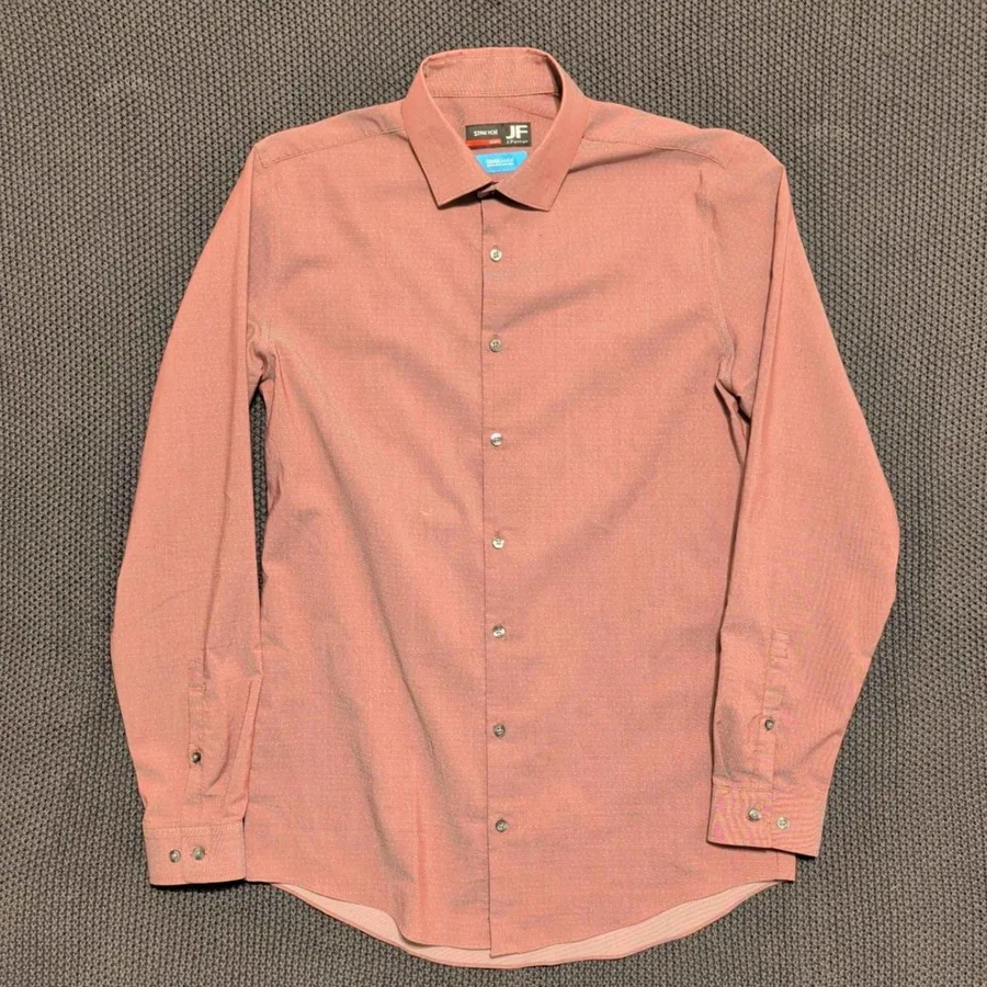 J. Ferrar Dress Shirt Mens M 15-15.5 Salmon Pink Slim Fit Coolmax Stretch Dot
