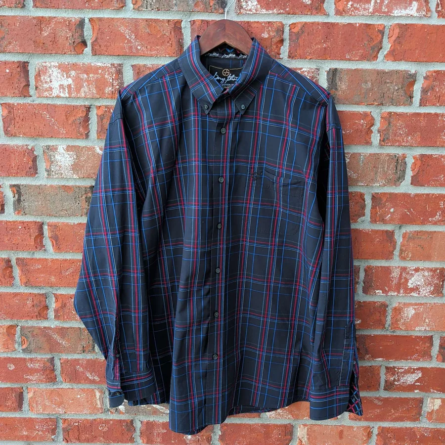 George Strait Wrangler Plaid Shirt Mens XL Navy Western Snap Button Down