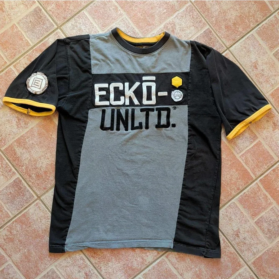 Ecko Unltd Shirt Mens L Black Gray Yellow Colorblock Embroidered Y2K Streetwear