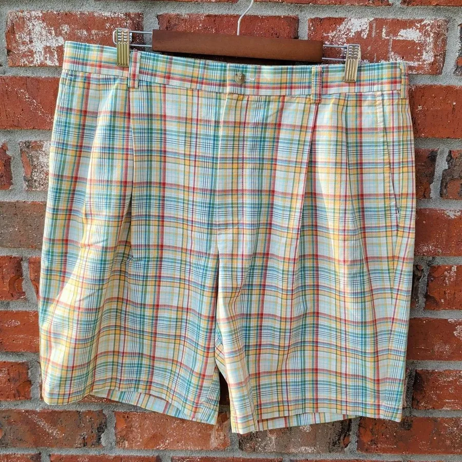 Roundtree & Yorke Pleated Shorts Mens 36 Multicolor Plaid Gold Label Cotton 9in