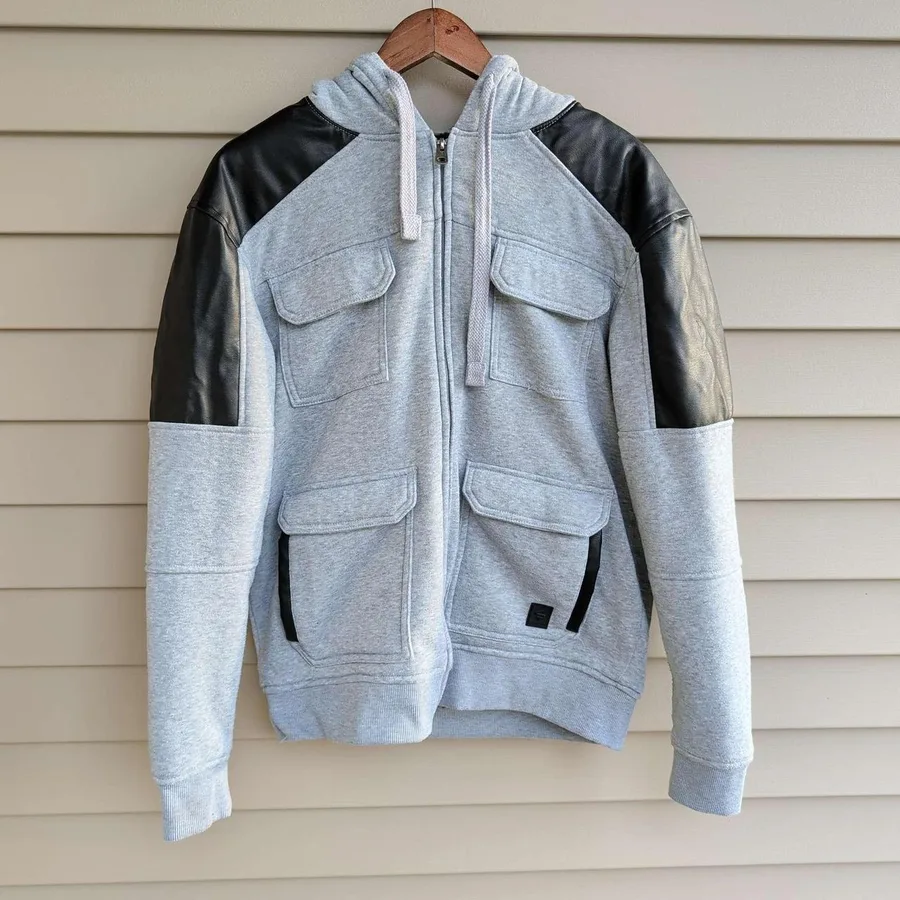 Southpole Zip Hoodie Mens Large Gray Black Sherpa Lined Faux Leather Moto Jacket