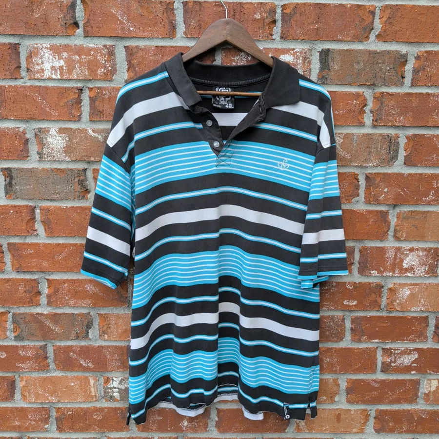 Southpole Striped Polo Shirt Mens 4XL Black Blue Y2K Rugby Style