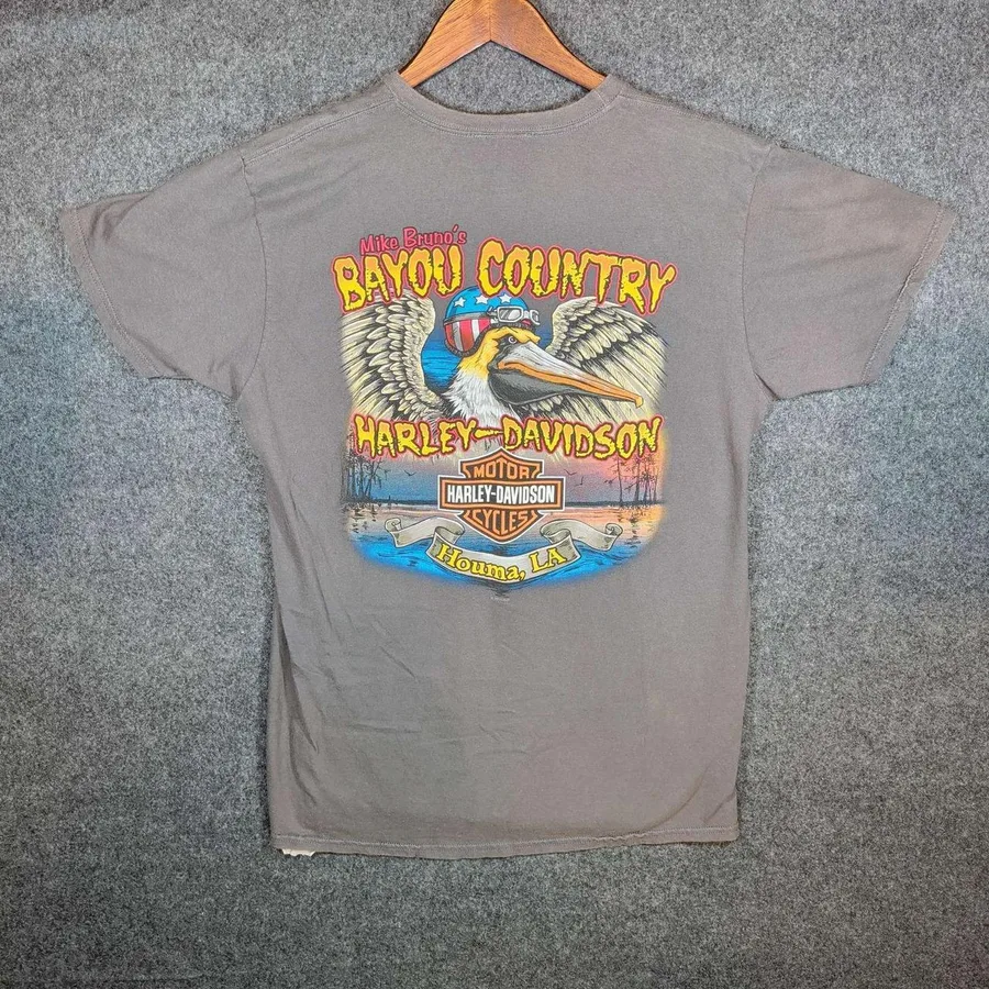 Harley-Davidson T-Shirt Mens Large Gray Bayou Country Houma LA Pelican Skull