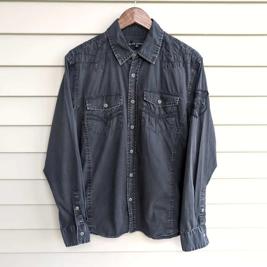 Affliction Black Premium Western Shirt Mens M Snap Button Embroidered Gothic