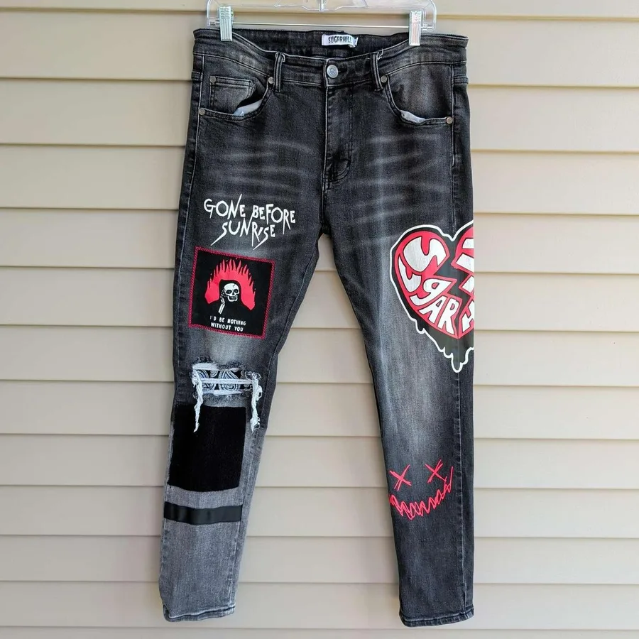 Sugarhill Graphic Patches Distressed Jeans Mens 34 Black Skinny Punk Streetwear