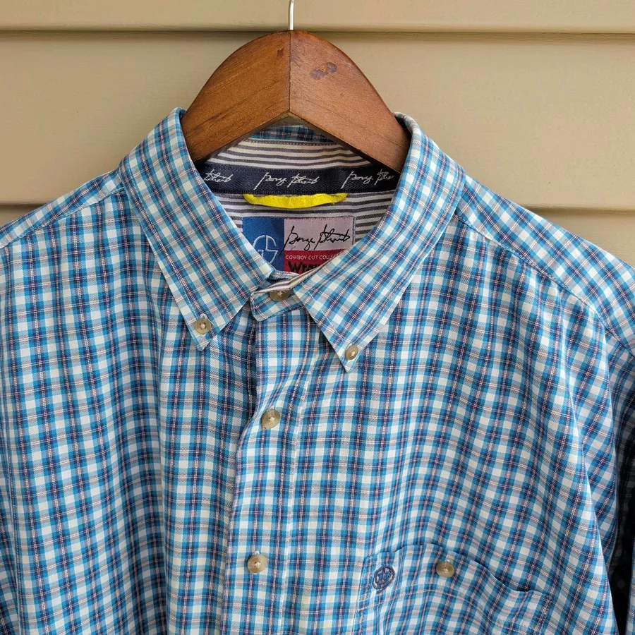 Wrangler George Strait Shirt Mens XL Blue Plaid Cowboy Cut Long Sleeve
