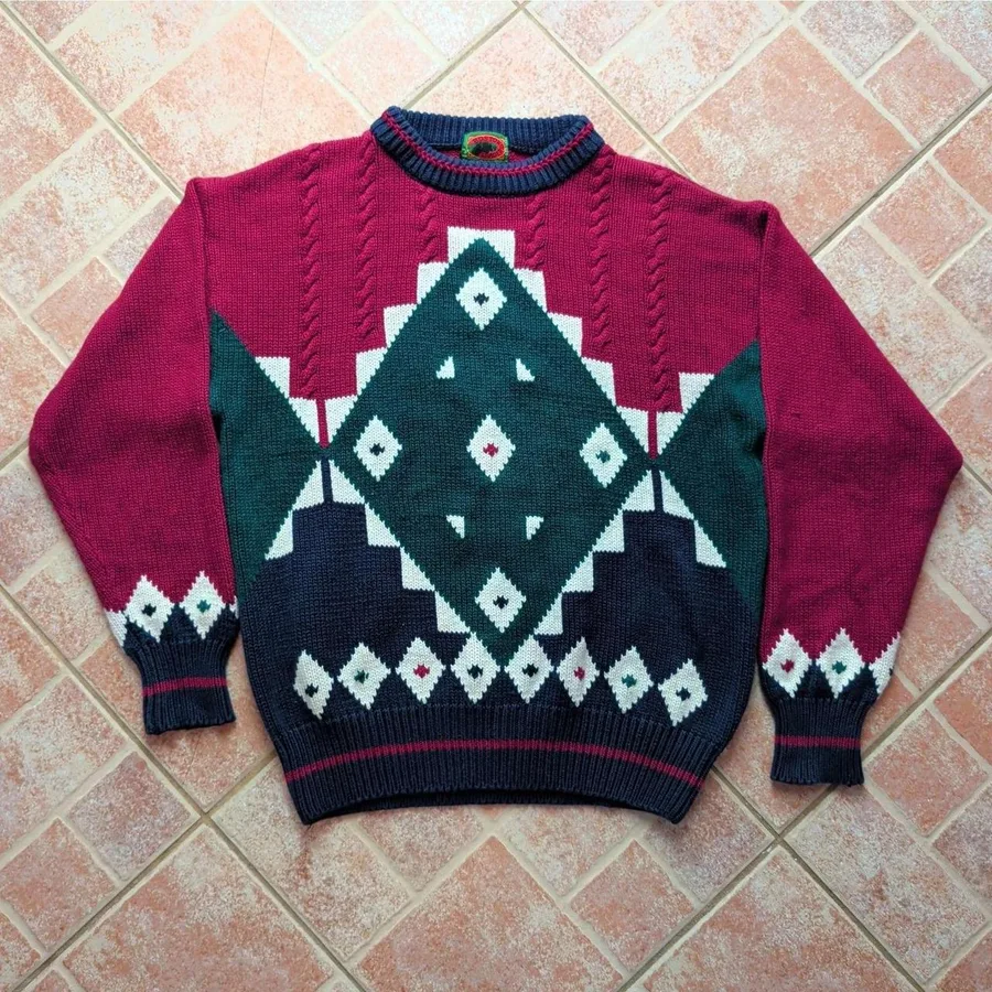 Boston Traders Sweater Mens XL Maroon Geometric Intarsia Cotton Vintage 90s