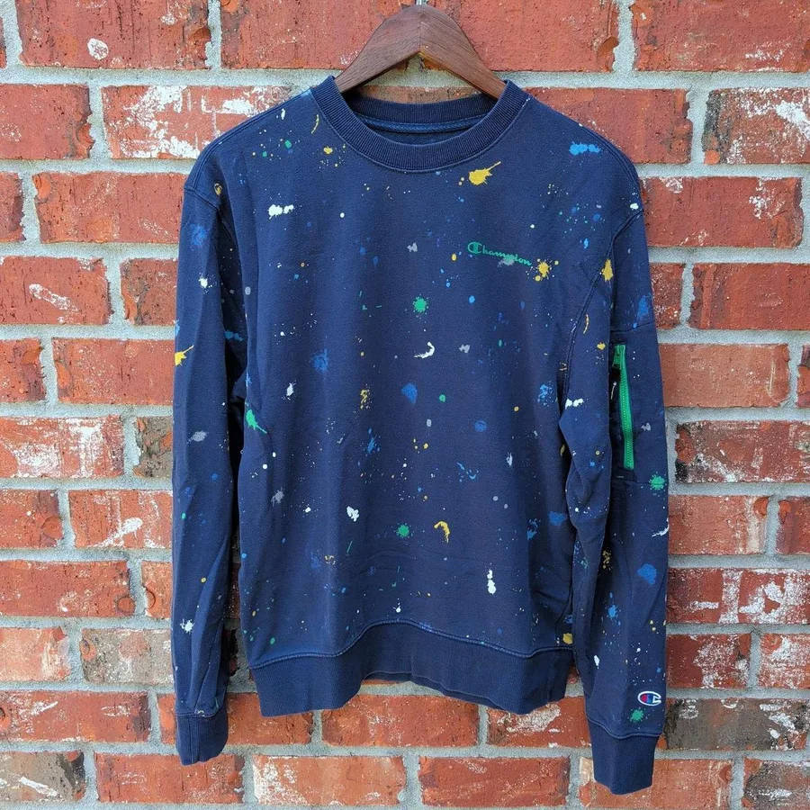 Champion Sweatshirt Mens Small Navy Blue Paint Splatter Zip Sleeve Pocket Crew