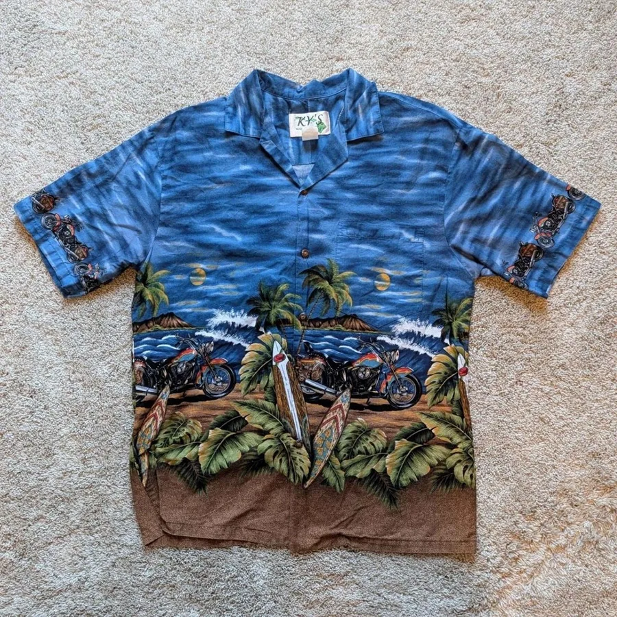 KY'S Hawaiian Shirt Mens Medium Blue Motorcycle Surfboard Beach Made in USA