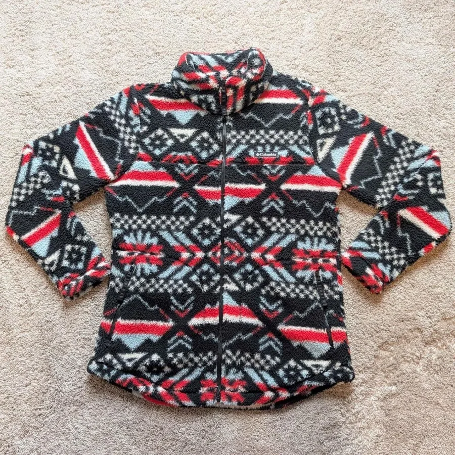 Columbia Sherpa Fleece Jacket Mens Large Black Red Atec Pattern