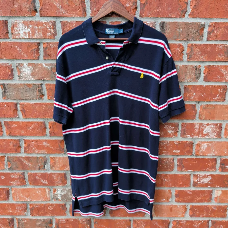 Polo Ralph Lauren Rugby Shirt Mens L Navy Red Striped Mesh Cotton
