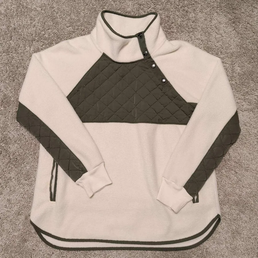 Abercrombie & Fitch Fleece Pullover Womens L Cream Olive Quilted Snap Neck