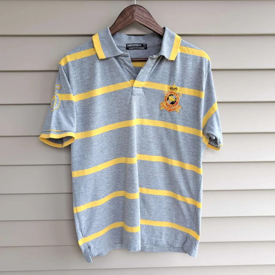 Liberation-47 Rugby Polo Mens XXL Gray Yellow Striped Crest Embroidered