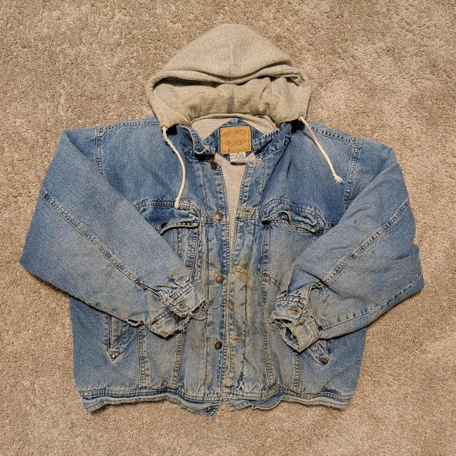 In Crowd Denim Jacket Mens XL Blue Hooded Distressed Vintage Trucker Thrashed