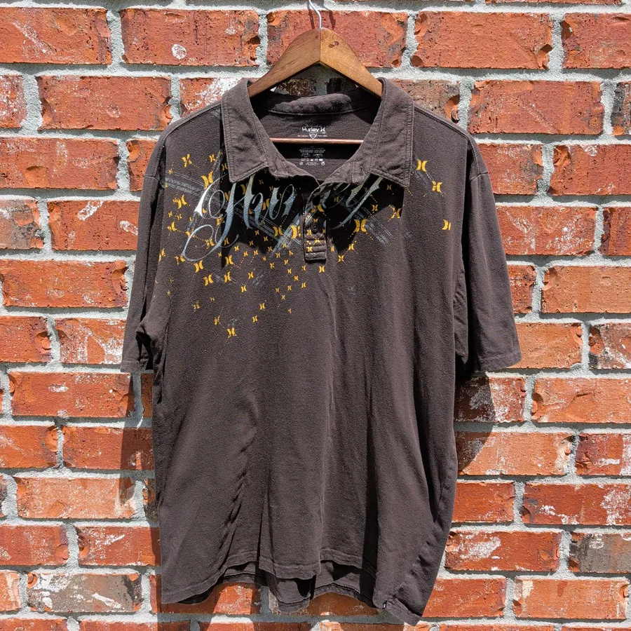 Hurley Polo Shirt Mens L Charcoal Graphic Script Stars