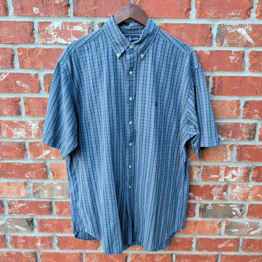 Ralph Lauren Blake Shirt Mens Large Blue Green Plaid Short Sleeve Cotton Button