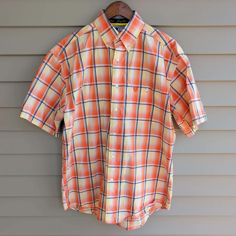 Wrangler George Strait Cowboy Cut Shirt Mens M Orange Plaid Short Sleeve Button