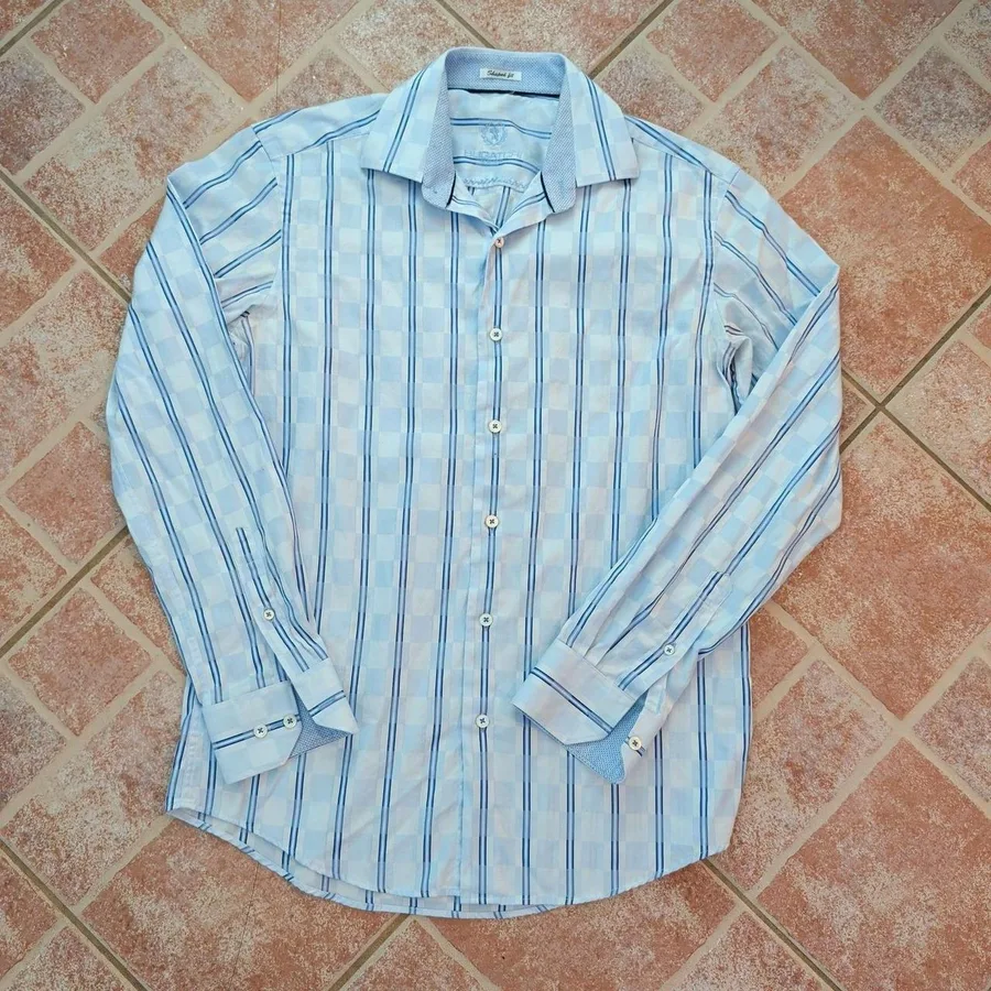 Bugatchi Uomo Dress Shirt Mens M Light Blue Checkered Striped Shaped Fit L/S