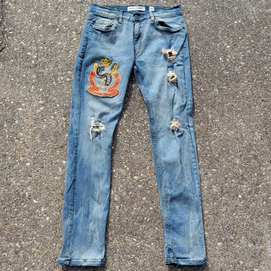 Evolution In Design Distressed Jeans Mens 30 Light Blue Rugby Patch Slim Ripped