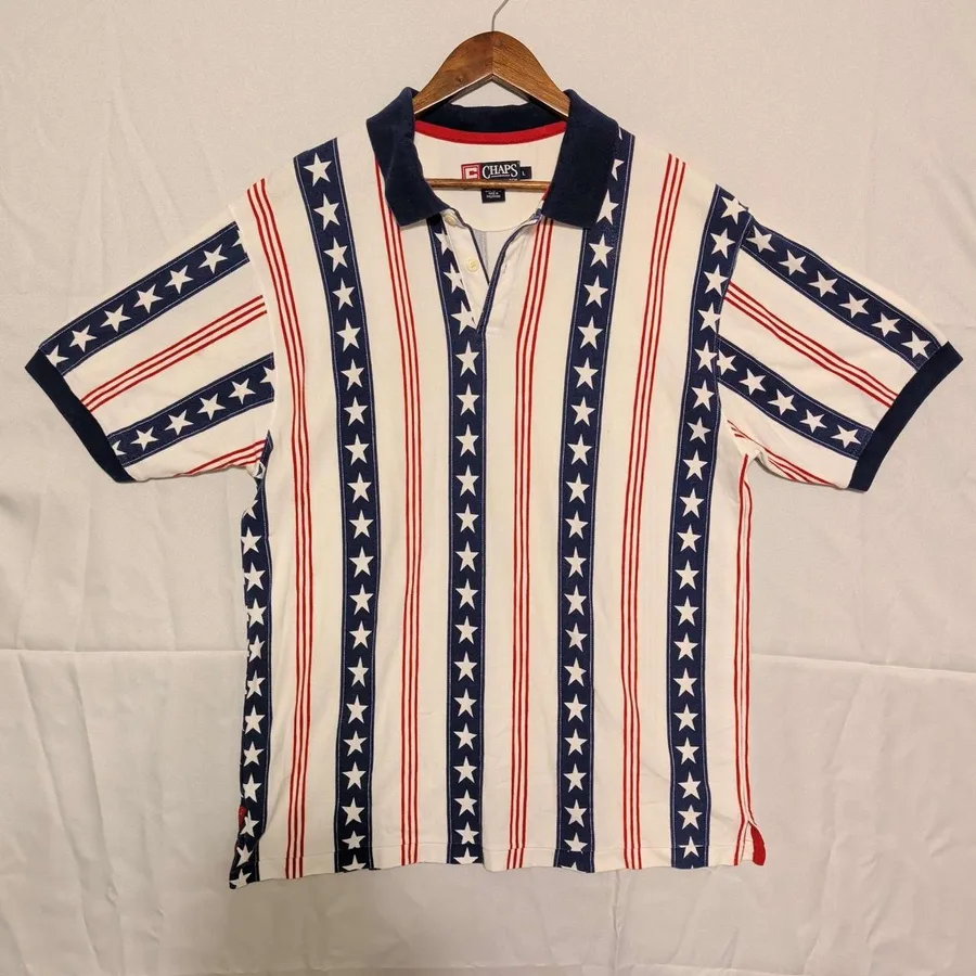 Chaps Ralph Lauren Polo Shirt Mens Large White Stars Stripes Patriotic Vintage