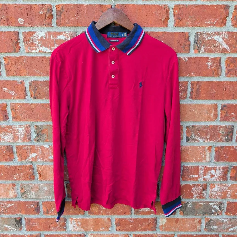 Polo Ralph Lauren Polo Shirt Mens Large Red Custom Slim Fit Long Sleeve Striped