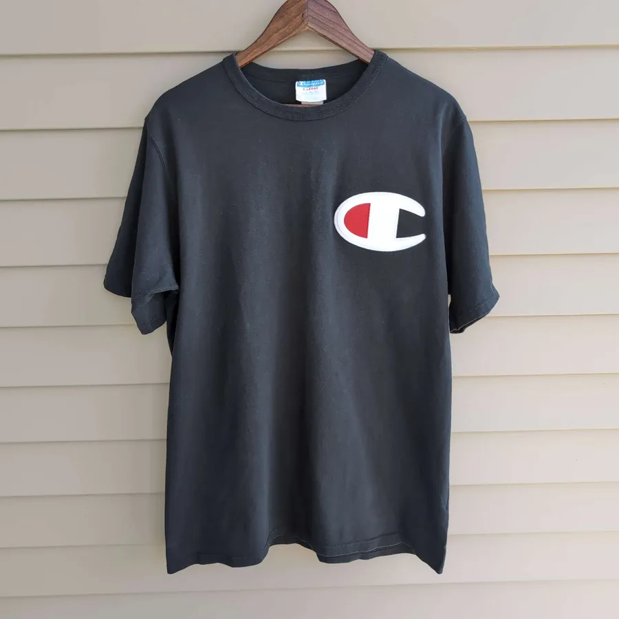 Champion Big C Logo T-Shirt Mens XL Black Vintage Embroidered Tee