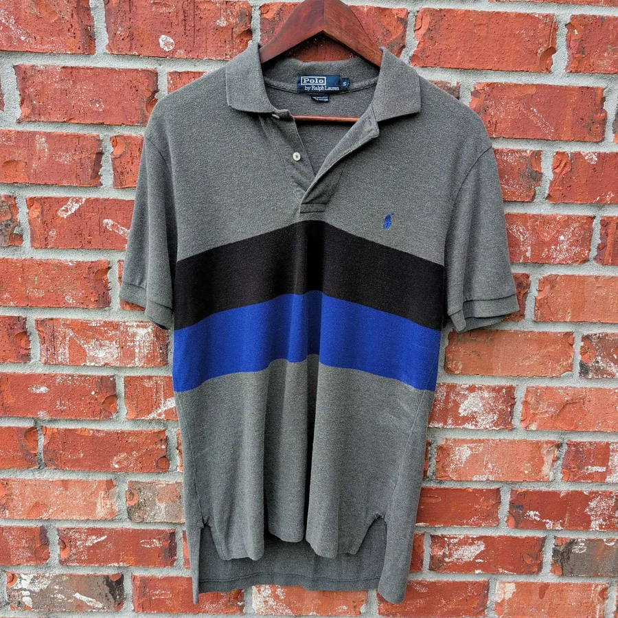 Polo Ralph Lauren Colorblock Polo Mens S Gray Blue Striped Pique 90s