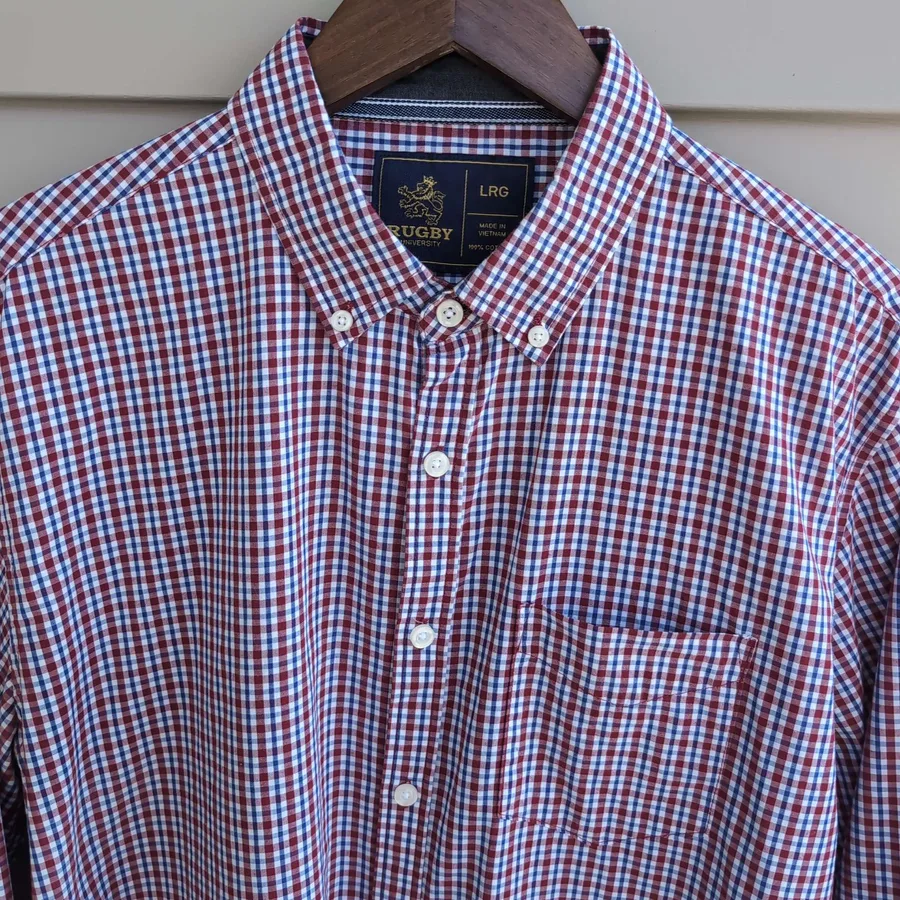 Rugby University Gingham Shirt Mens Large Red Plaid Button Down Cotton
