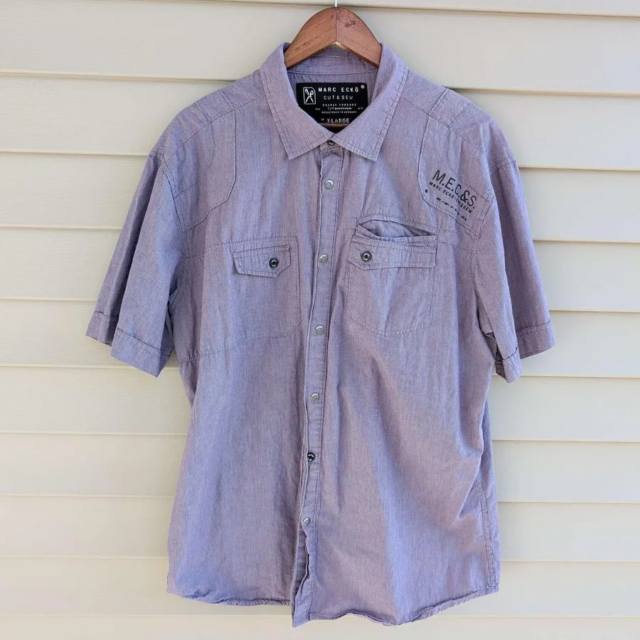 Marc Ecko Short Sleeve Button Down Mens XL Purple Striped Utility Graphic Shirt