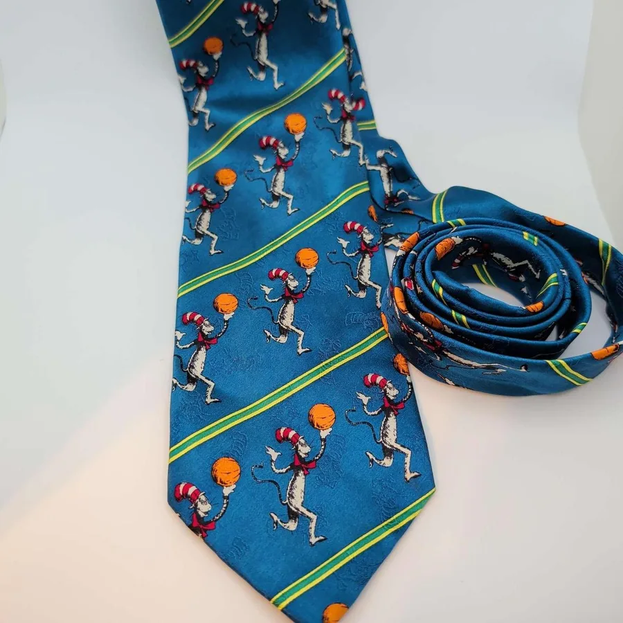 Dr. Seuss Necktie Mens Blue Silk Cat in the Hat Vintage 1996 Character Print