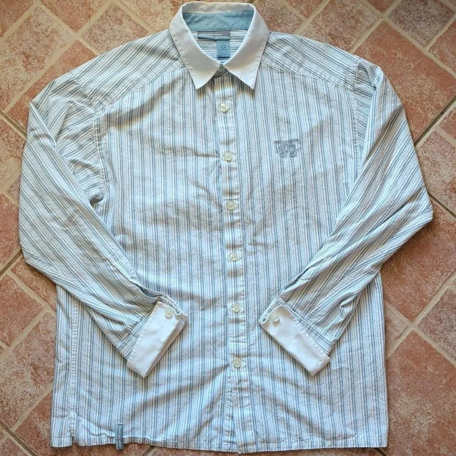 Rocawear Button Down Shirt Mens Large White Blue Grey Striped Long Sleeve Logo