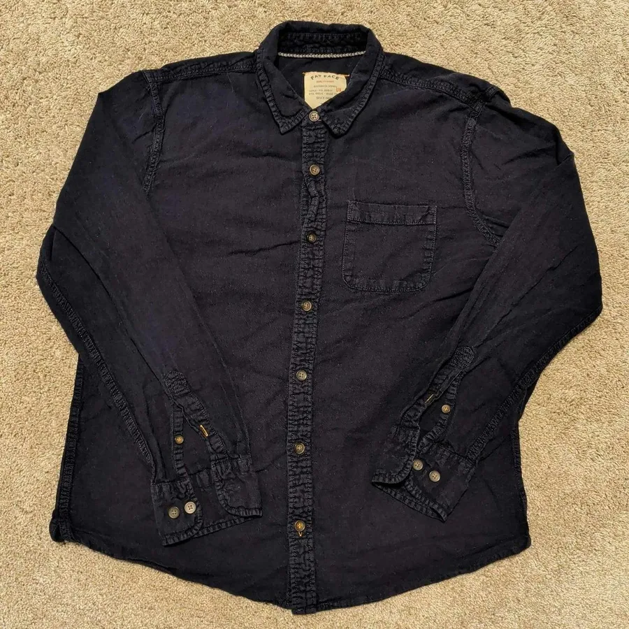 Fat Face Button Down Shirt Mens Medium Navy Blue Linen Cotton Blend Long Sleeve