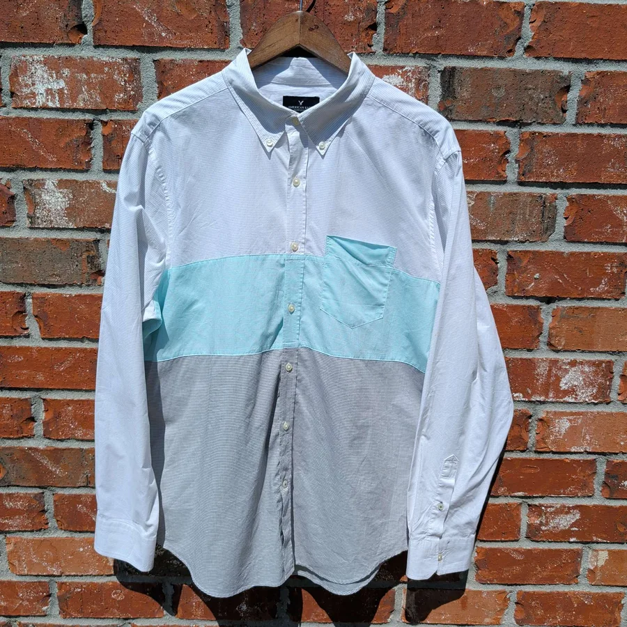 American Eagle Outfitters Colorblock Shirt Mens XL Mint Gray Button Down Oxford