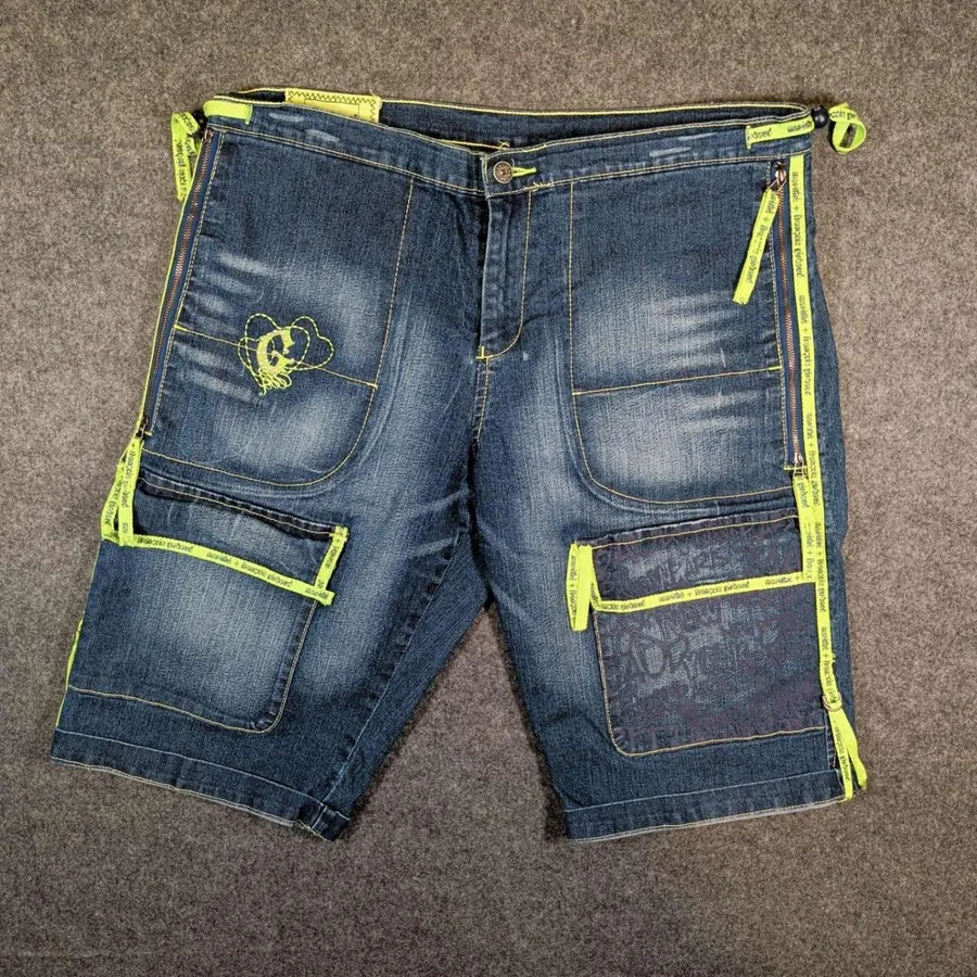 Marithe Francois Girbaud Denim Shuttle Shorts Mens 34 Blue Lime Green Y2K Baggy